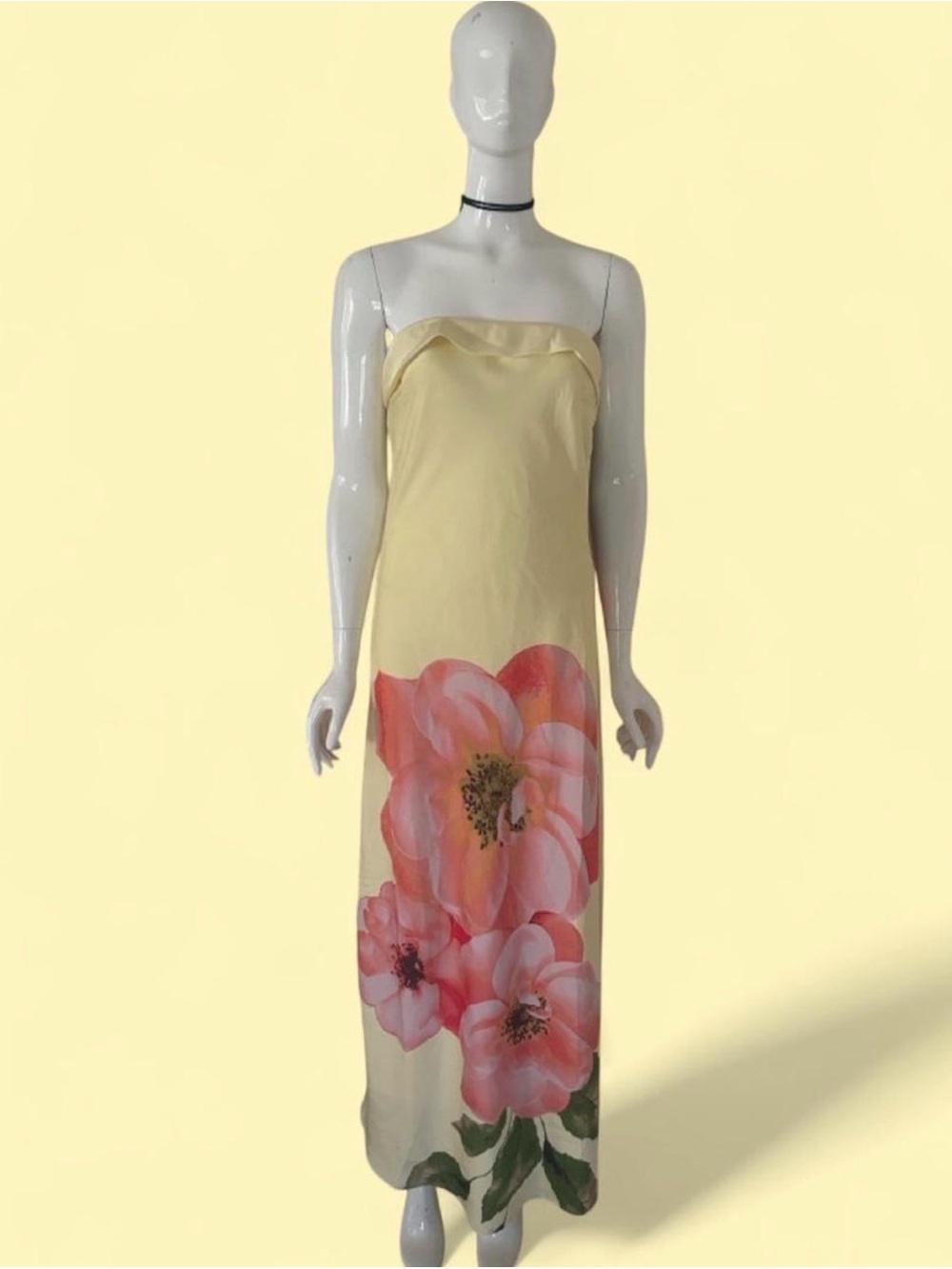Pale Yellow Strapless Maxi Dress with Pink Floral Print NWT Sincerly Jules
